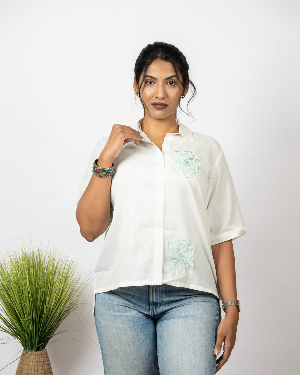 Mint Blossom Embroidered Shirt