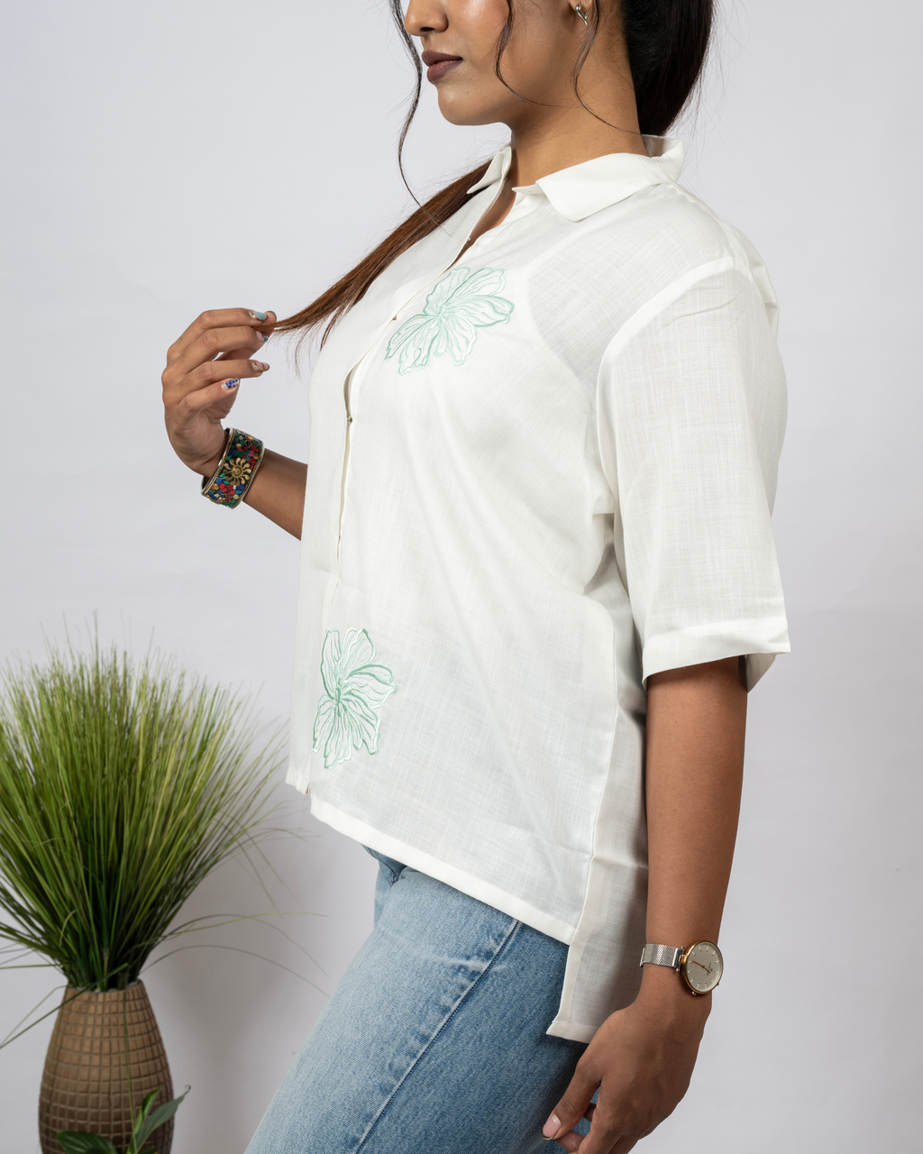 Mint Blossom Embroidered Shirt